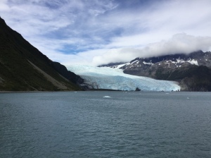 Tidewater glaciers reach all the way down to the water.